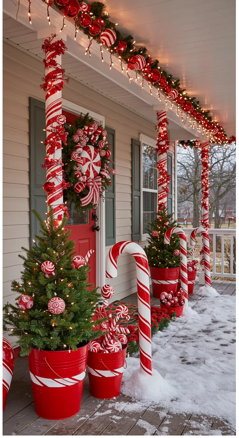 A porch decorated with a candy cane theme, including striped columns and large candy cane props.