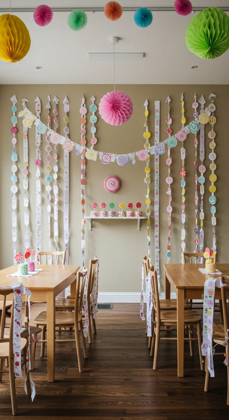 Wall decorated with garlands made to look like candy buttons on paper.