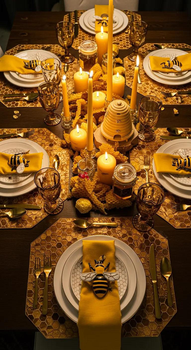 A bee-themed tablescape with honeycomb placemats, yellow napkins, and bee decorations.