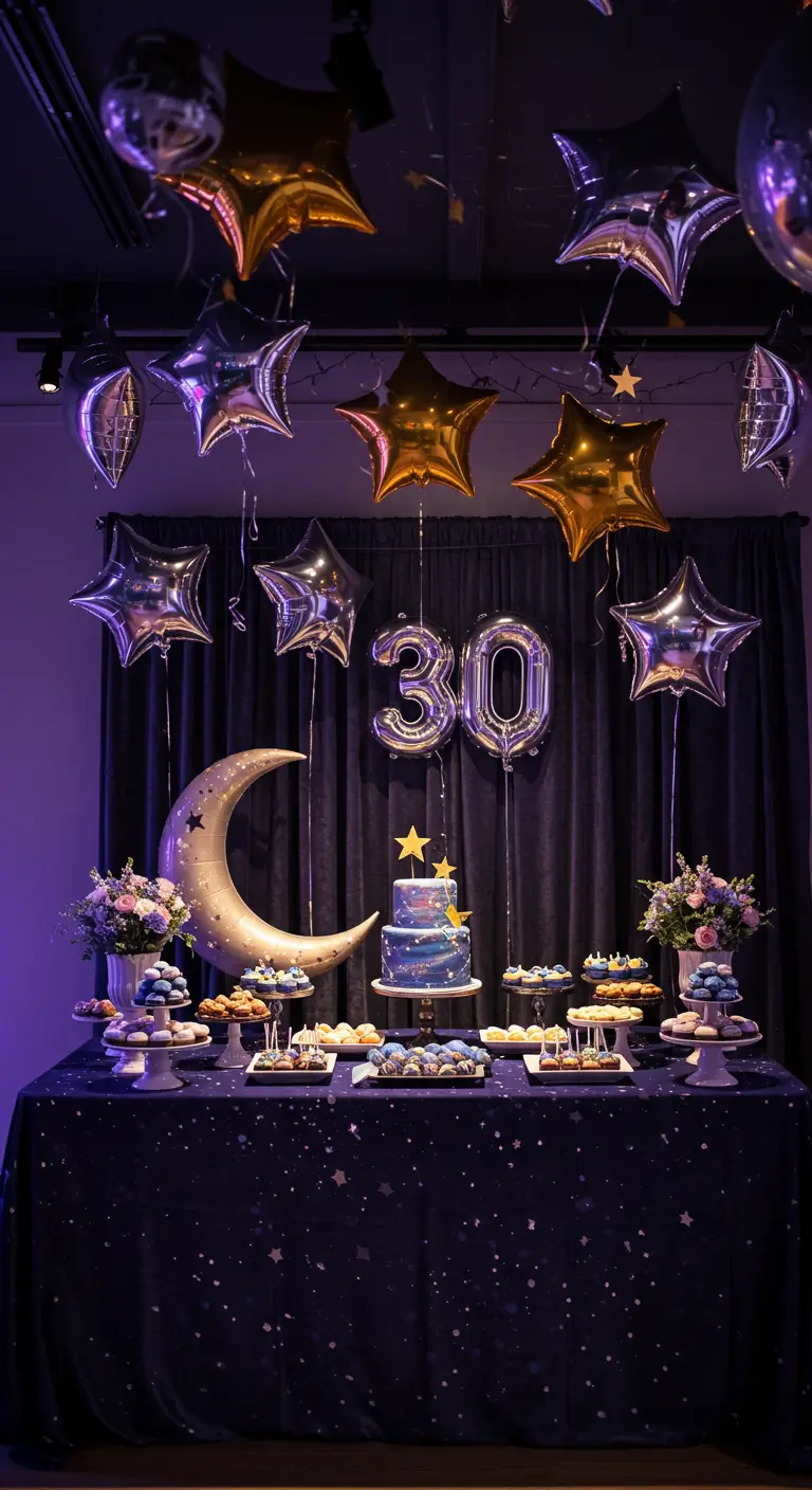 Celestial dessert table with star balloons, a crescent moon prop, and a galaxy cake.