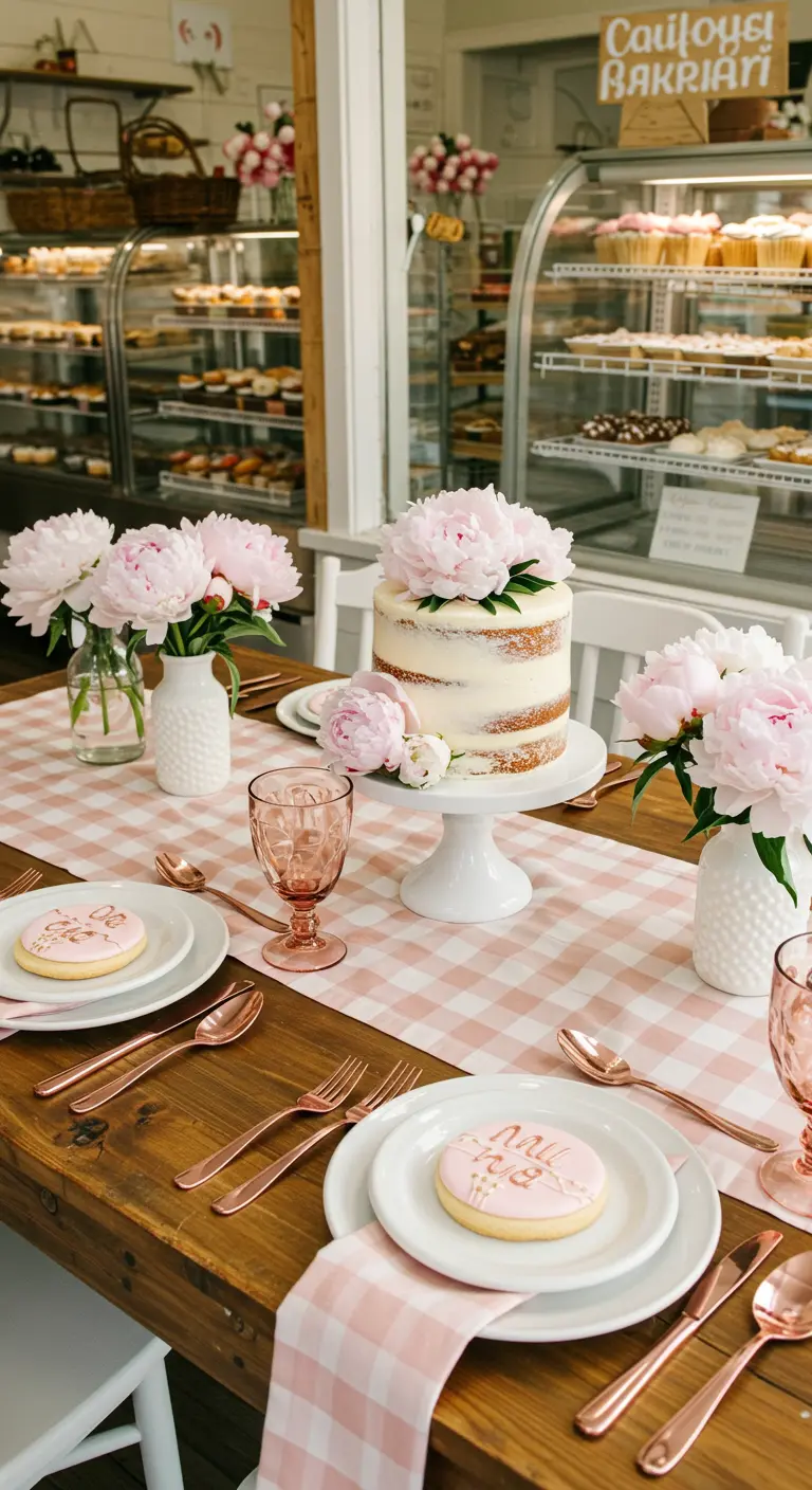 Bakery tablescape with a gingham runner, naked cake, and pink peonies.