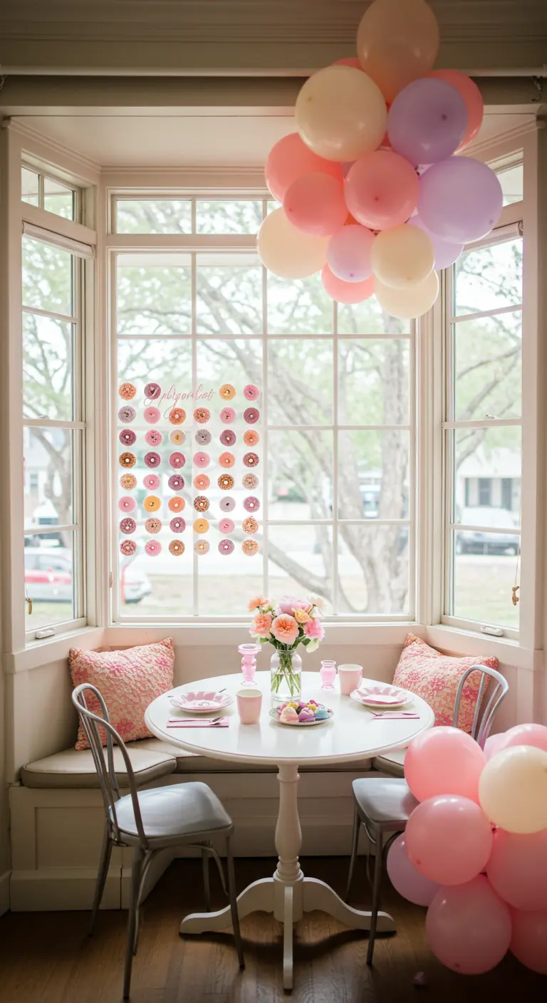A small brunch table in a cozy window nook with a mini donut wall and pastel balloon clusters.