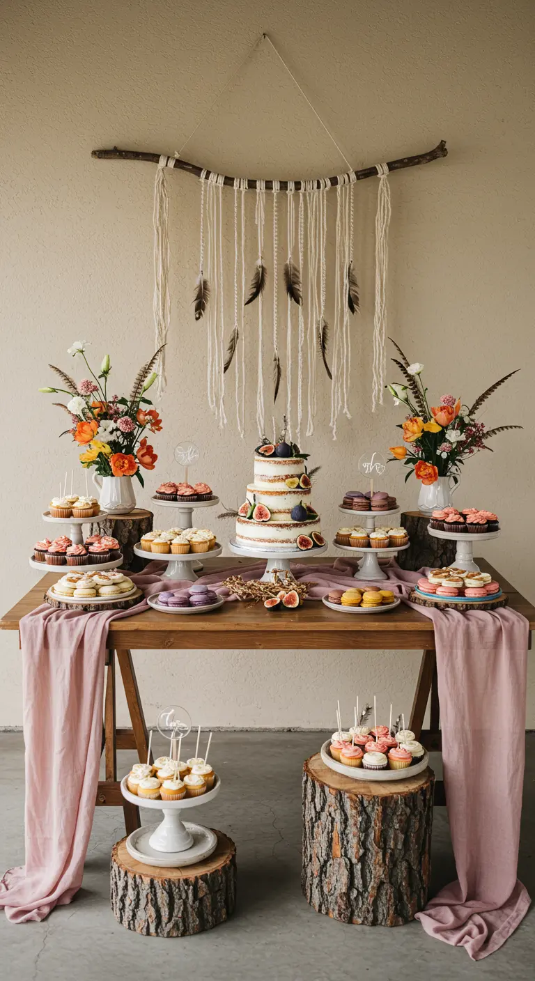 Dessert table with cakes and macarons, featuring a driftwood and feather wall hanging backdrop.