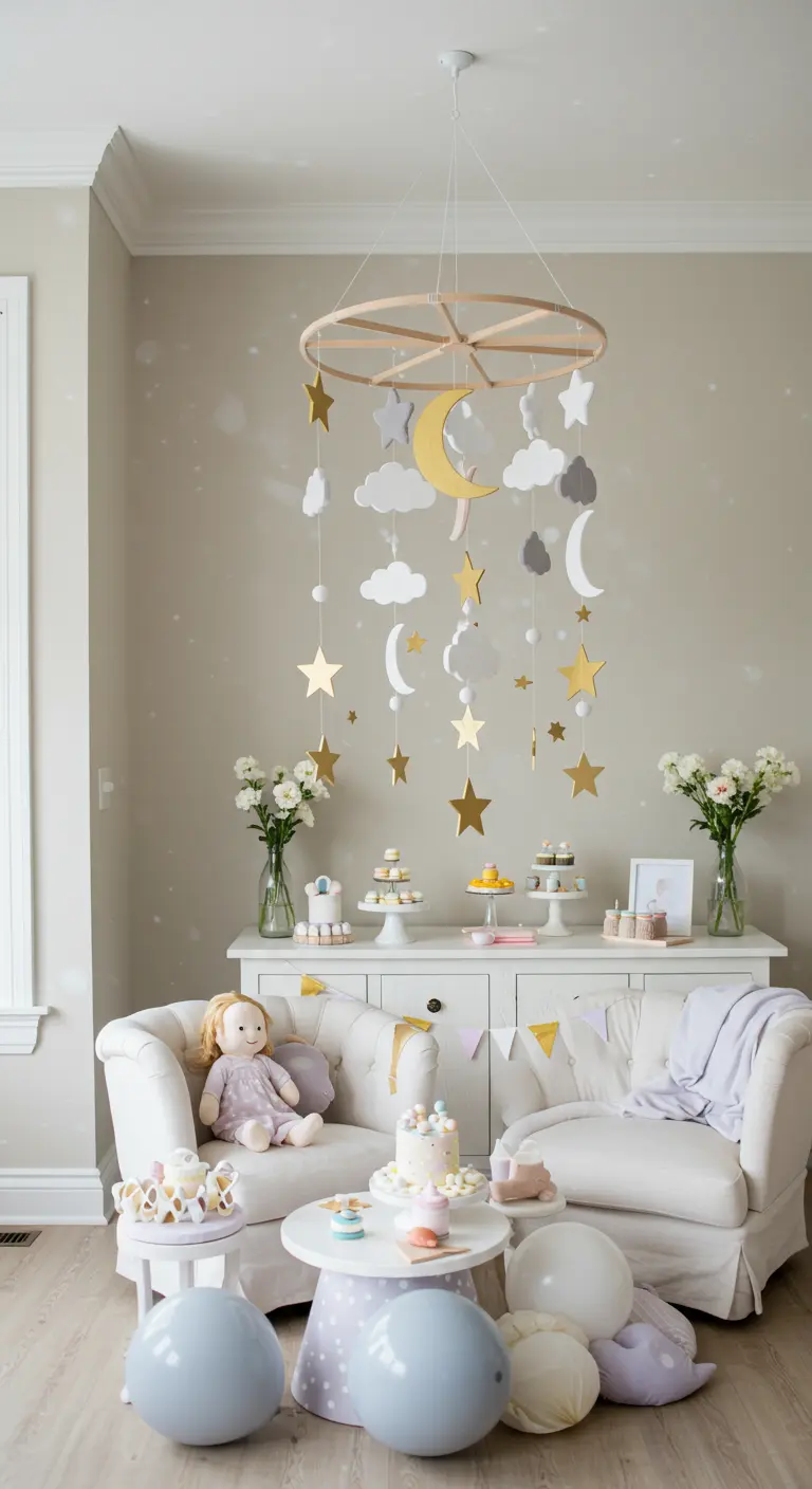 A handmade mobile with gold stars and white clouds hanging over a party setup.