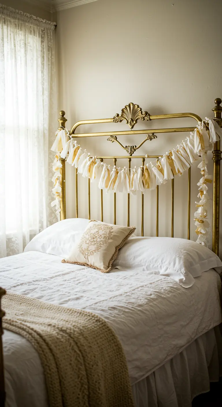 A delicate white and gold tassel garland draped across a vintage brass bed headboard.