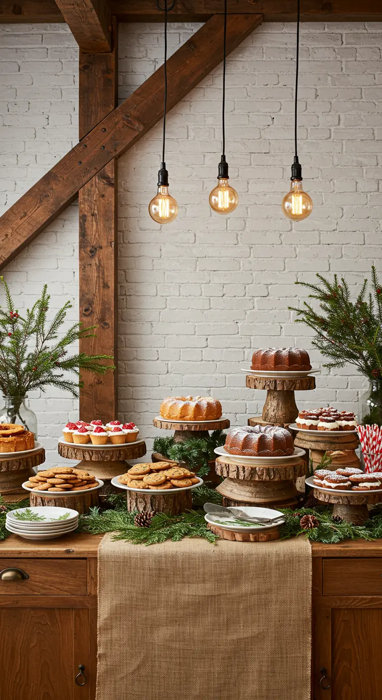 Rustic dessert buffet with cakes on wood slice stands and pine sprigs.