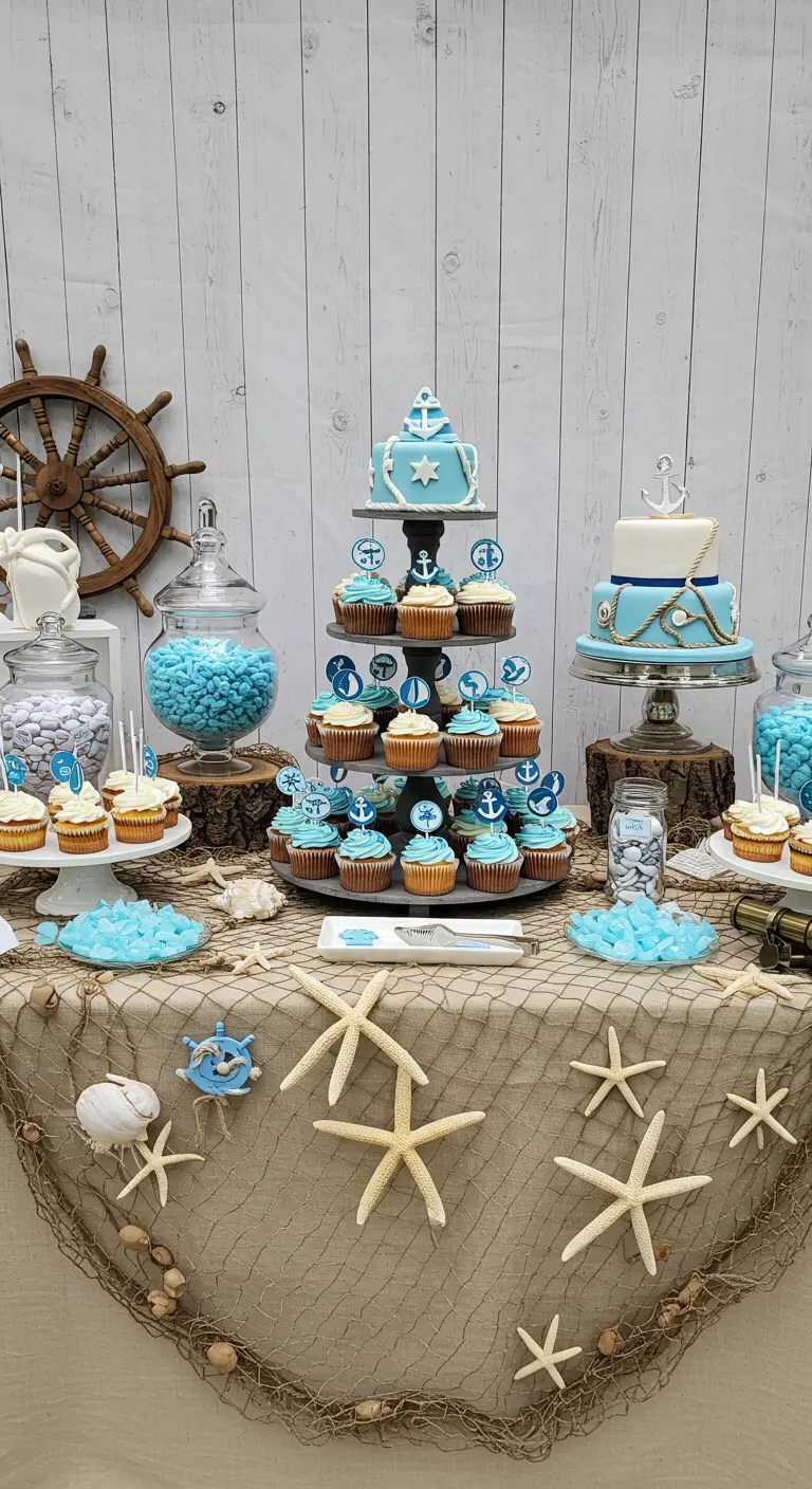Nautical-themed dessert table with cupcakes, cakes, and candy jars decorated with fishnet.