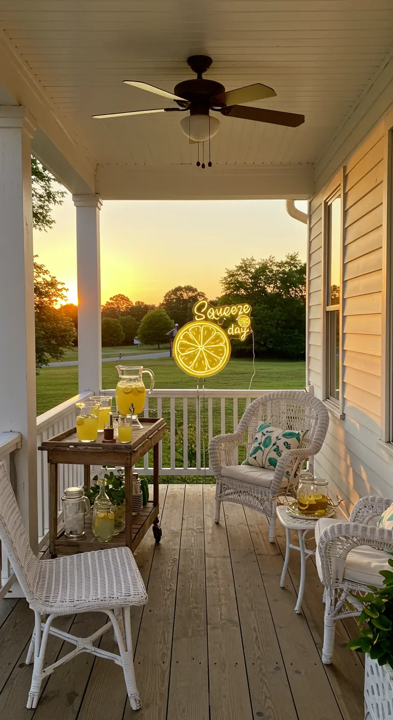 Farmhouse porch at sunset with wicker chairs and a yellow lemon neon sign.