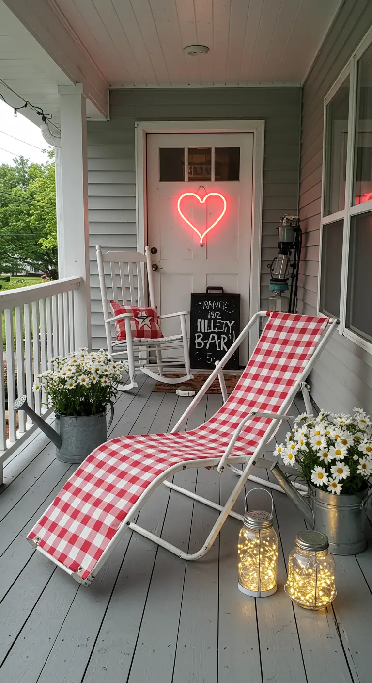 A front porch with a gingham lounger, daisies, and a red neon heart on the door.