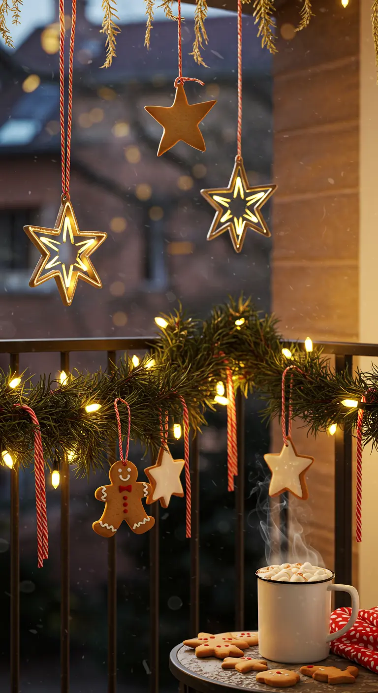 A balcony railing decorated with a garland, lit-up stars, and gingerbread men ornaments.