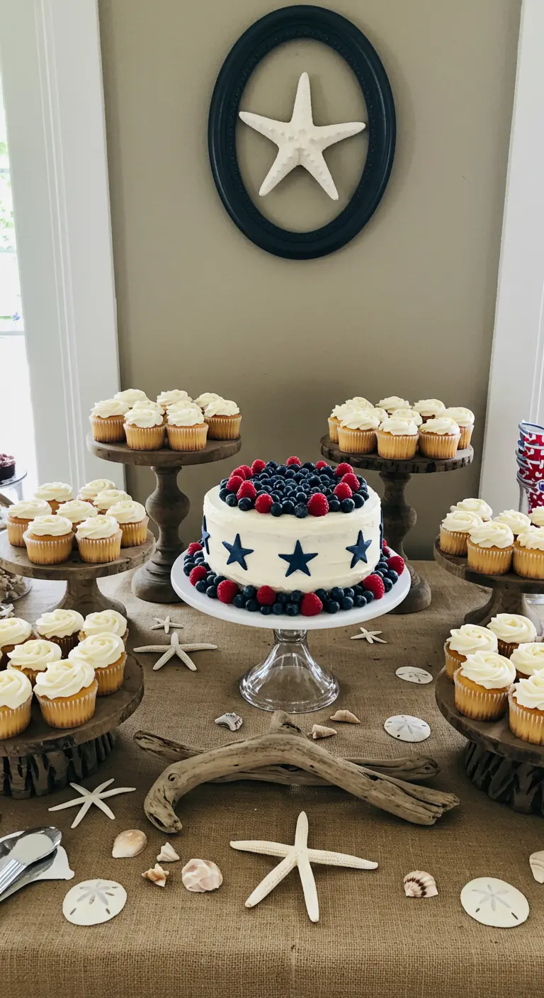 A dessert table with a patriotic berry-topped cake, cupcakes, and coastal decor like driftwood and shells.
