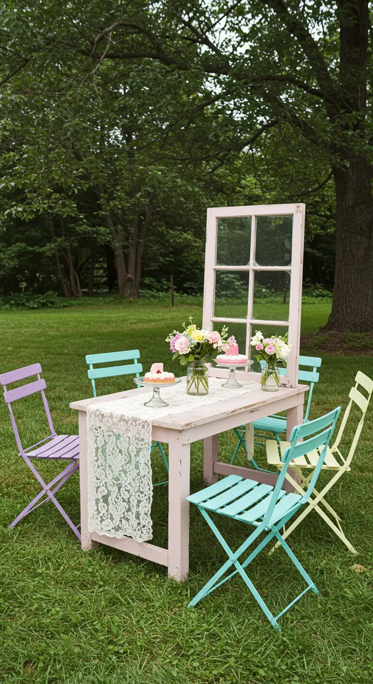 A pastel pink window frame and table set for a party with mismatched colorful bistro chairs on a lawn.