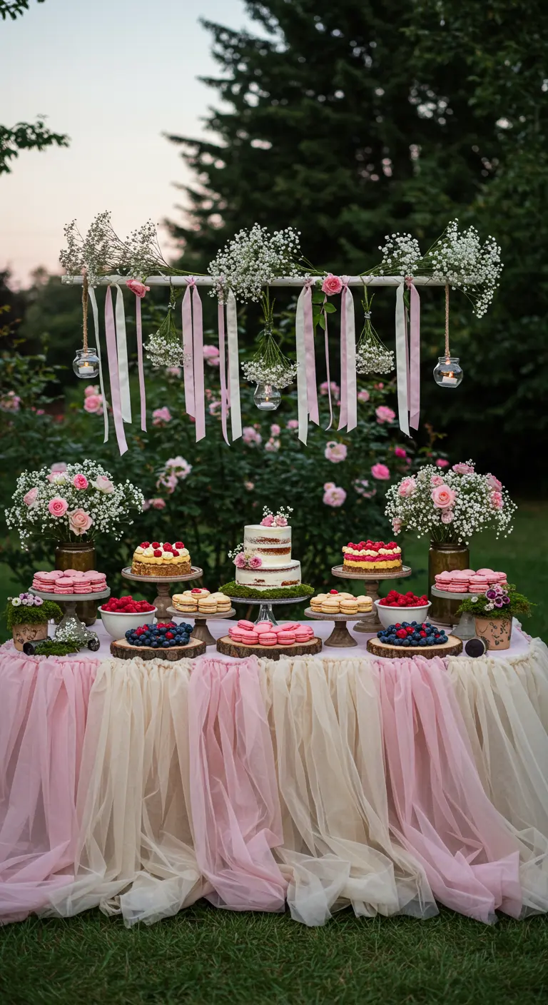 Dessert table with a hanging garland of ribbons and baby's breath.