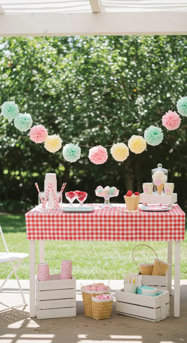 A pastel pom-pom garland in mint, pink, and yellow hangs over an ice cream party table.