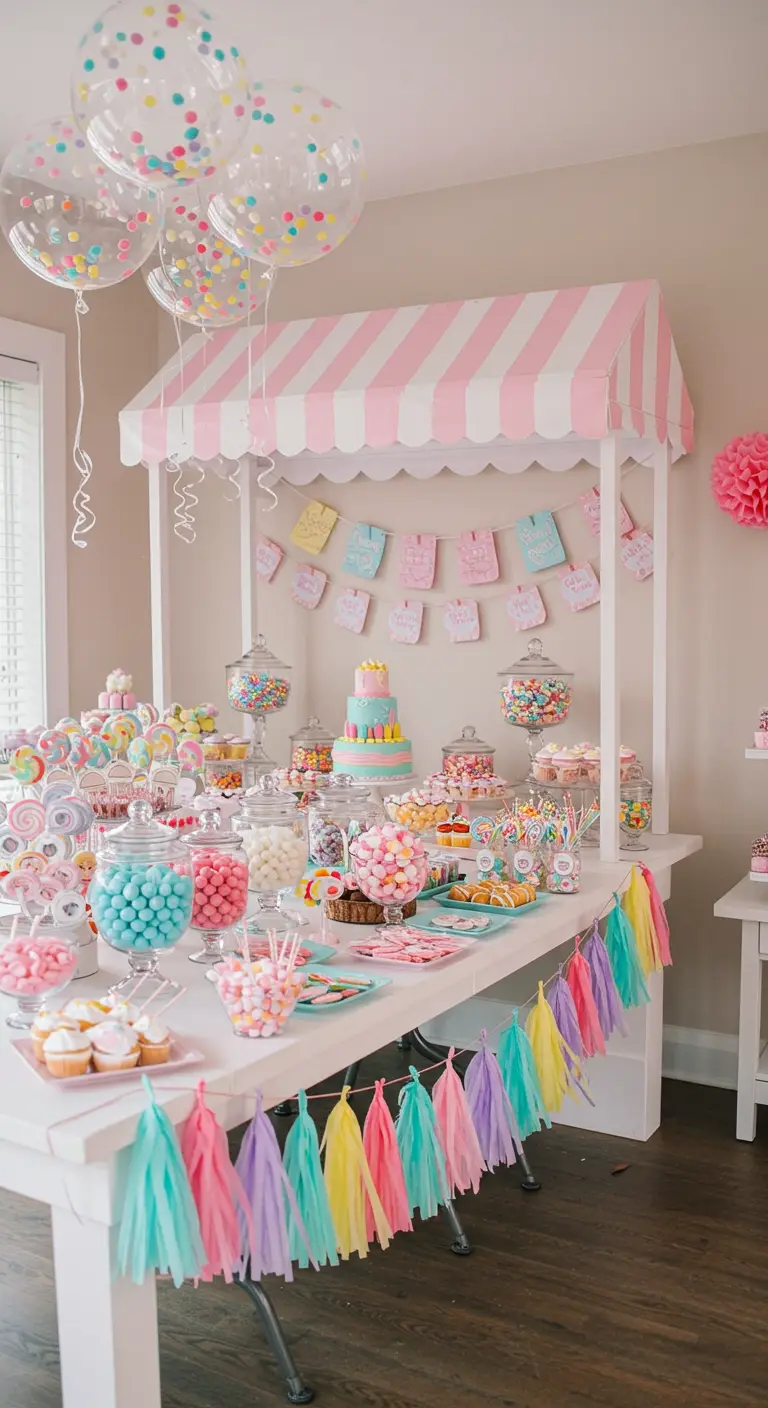 A candy buffet table with a pink and white striped awning, pastel tassel garland, and matching confetti balloons.