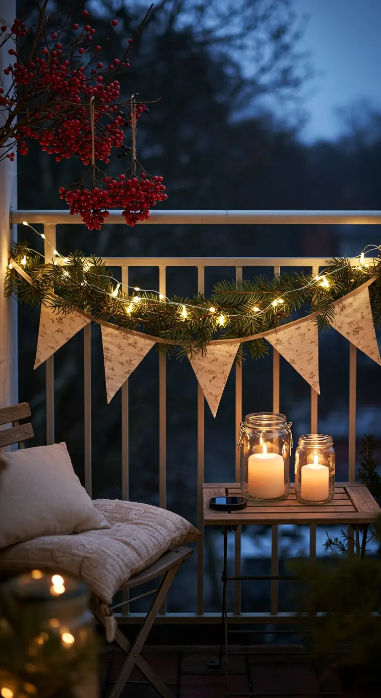 Balcony railing with a pine garland, lights, and a fabric pennant banner.