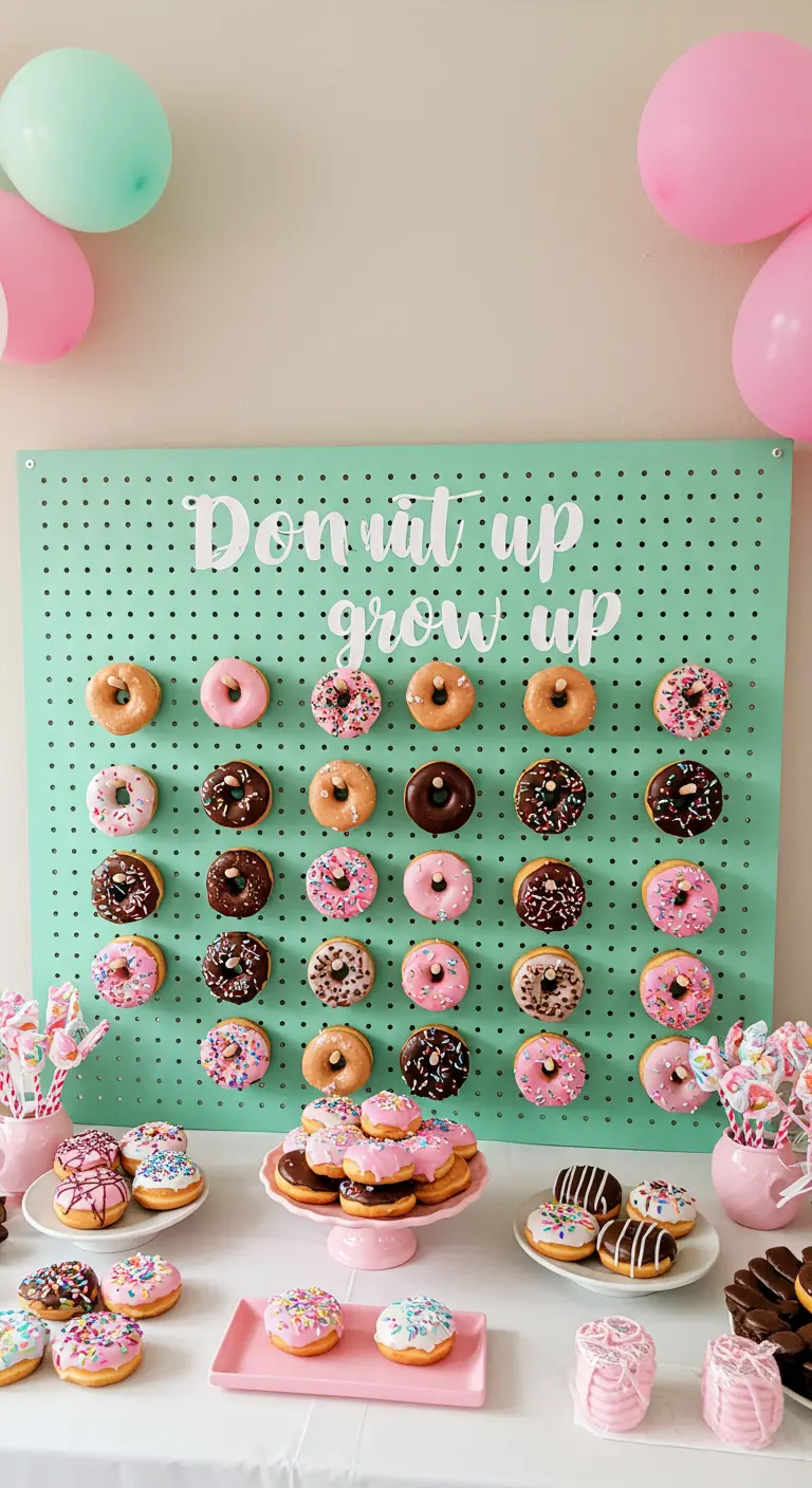 A mint-green pegboard wall with donuts hanging from pegs, above a dessert table.