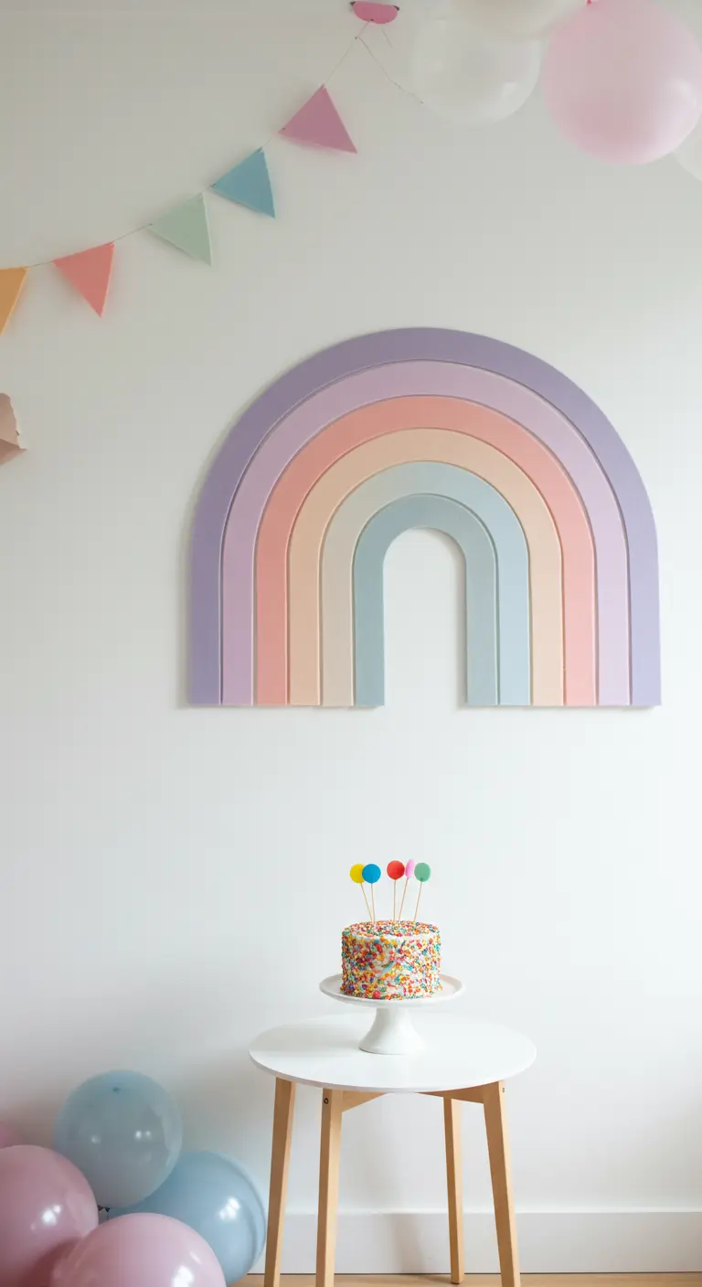 Pastel felt triangle garland above a small birthday cake