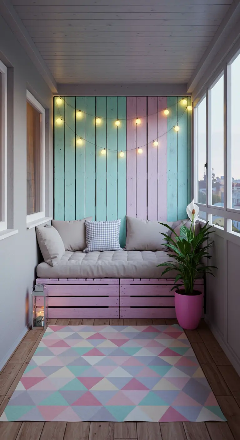 Enclosed balcony with pastel pink and mint painted wall, pallet sofa, and geometric rug.