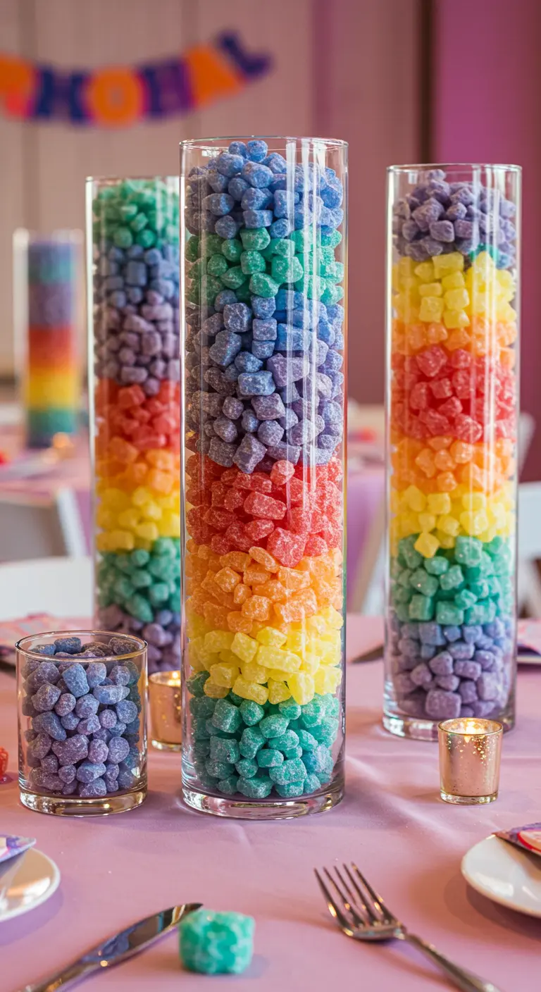 Tall glass vases filled with layers of colorful rainbow-hued gumdrop candies.