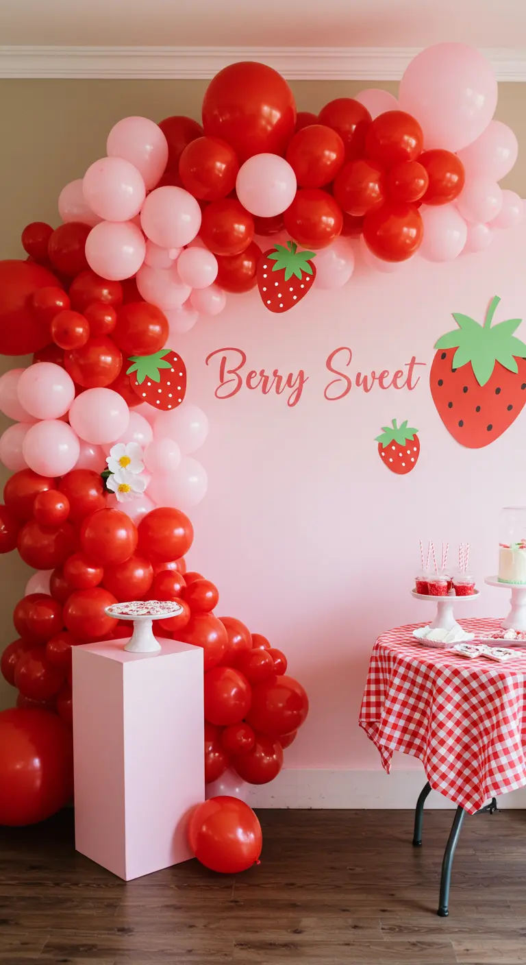 A red and pink balloon arch decorated with large paper strawberries.