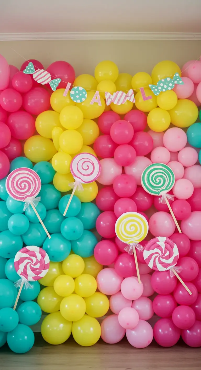 A bright, color-blocked balloon wall with large DIY lollipop props.