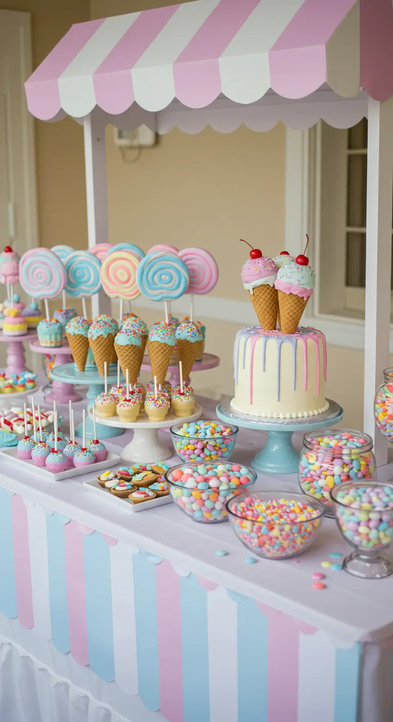 A charming candy cart with a striped awning, filled with pastel sweets and ice cream cone treats.