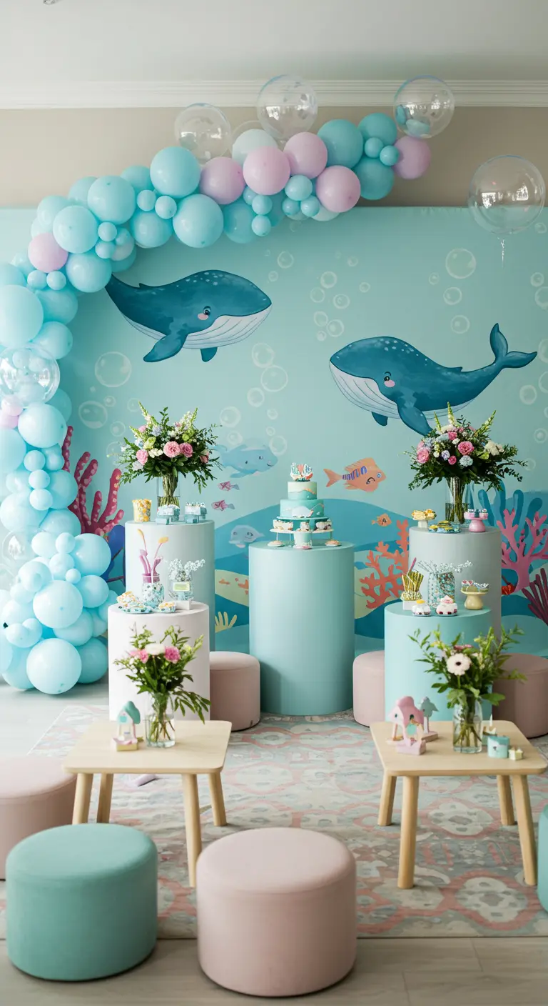 An under-the-sea themed backdrop with painted whales, fish, and coral, framed by balloons.