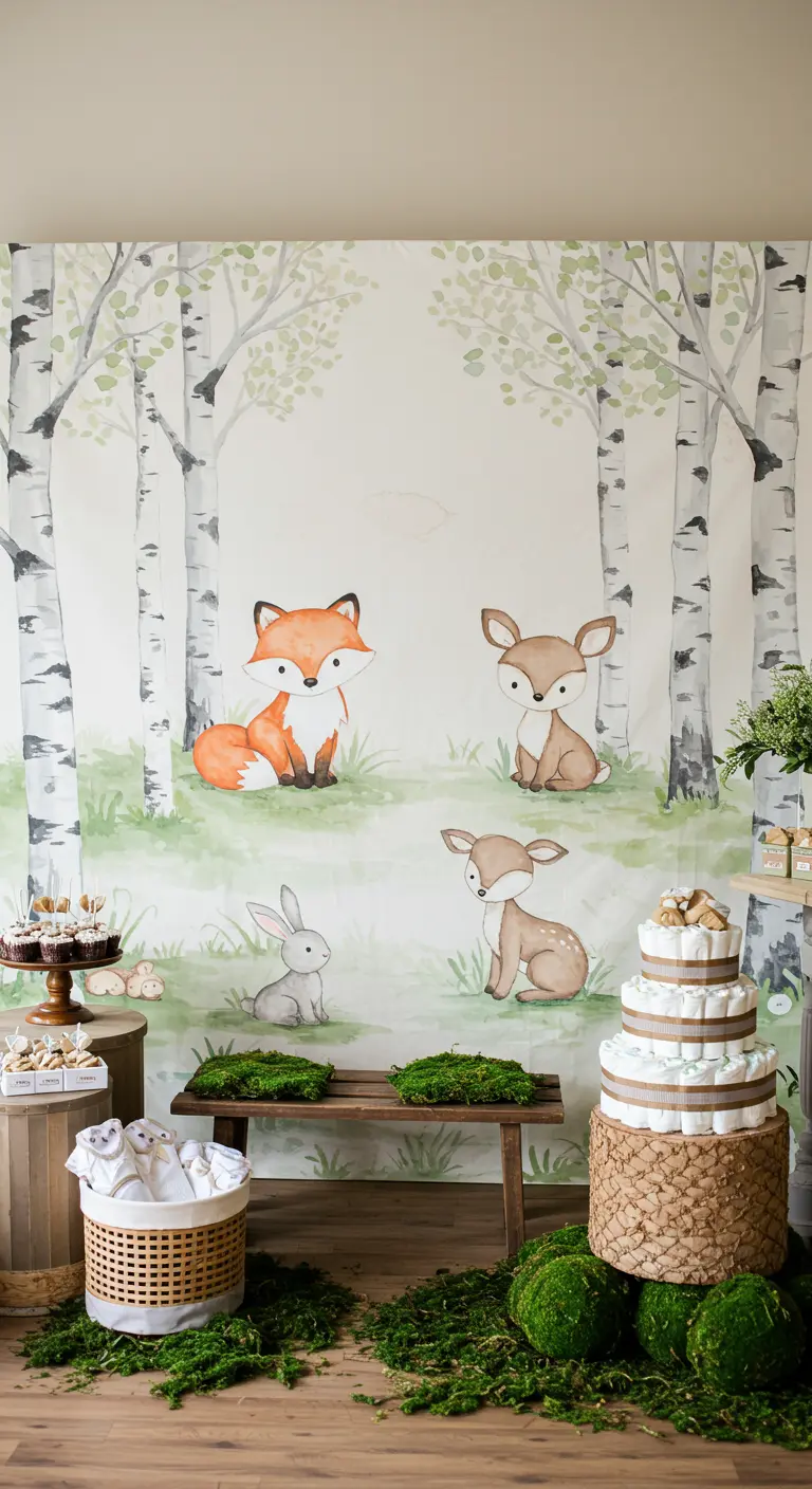 A backdrop painted with birch trees and cute woodland animals for a baby shower dessert table.