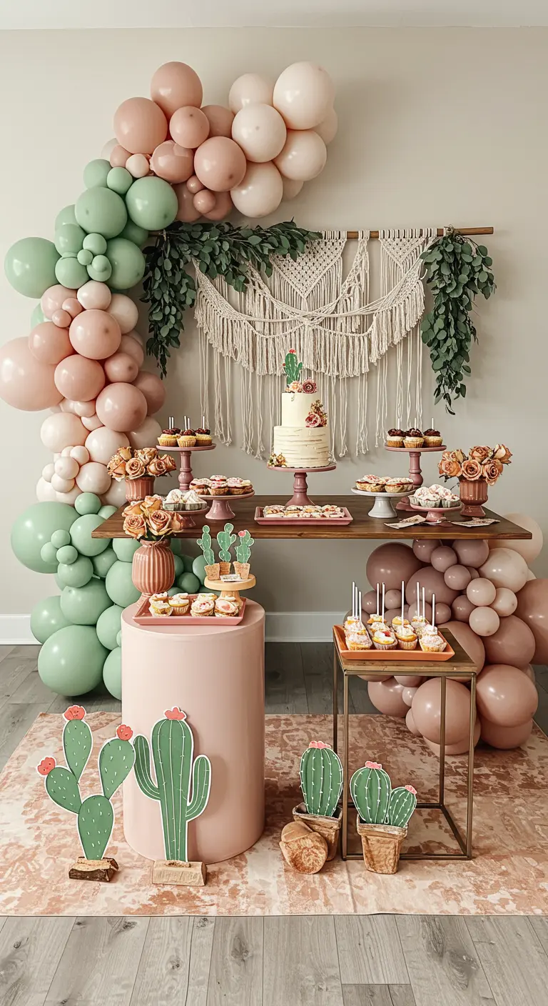 A dessert table with a sage and pink balloon arch, cactus cutouts, and a tiered cake.