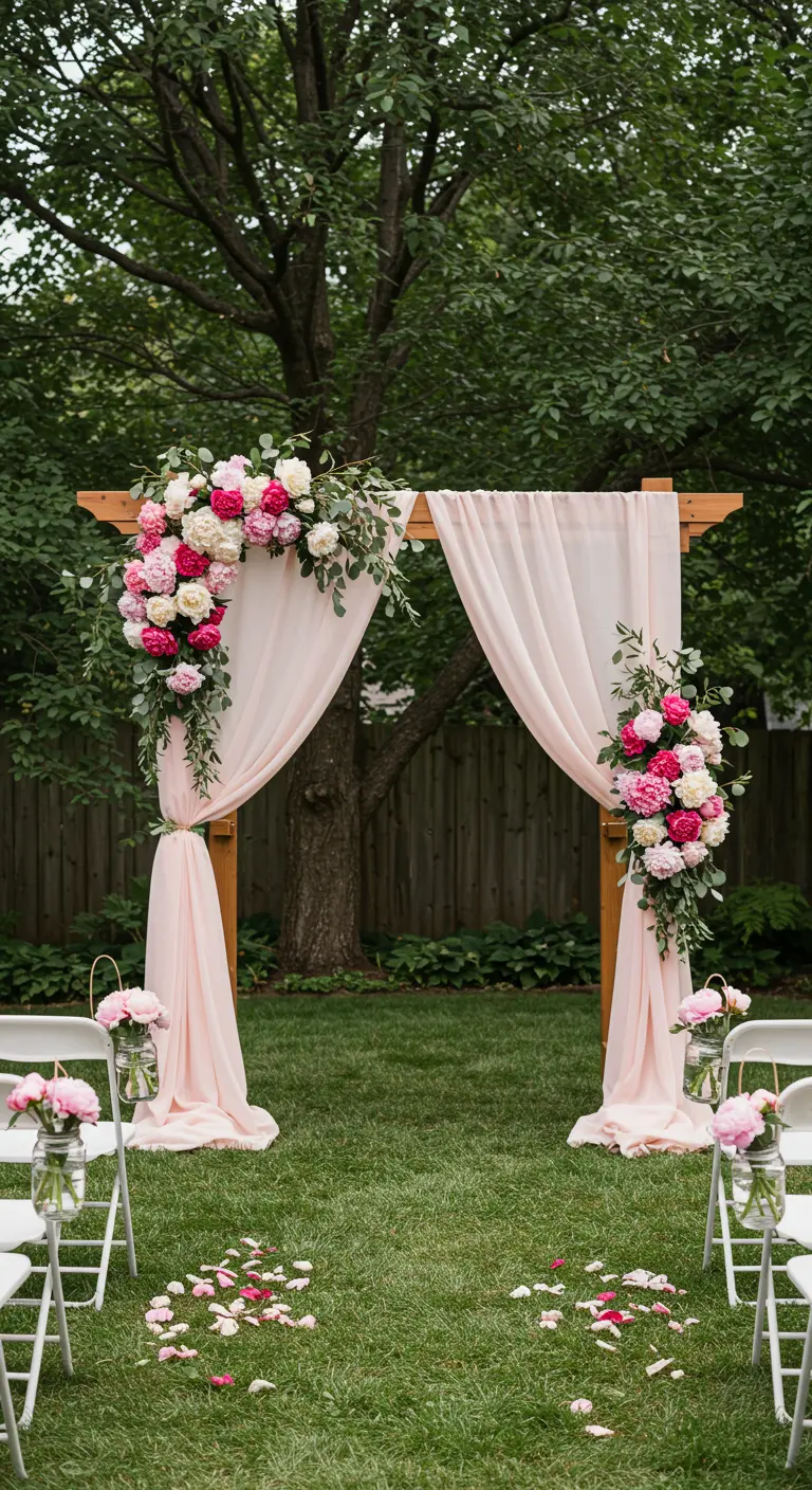 A wooden wedding arch with draped pink fabric and peony arrangements.