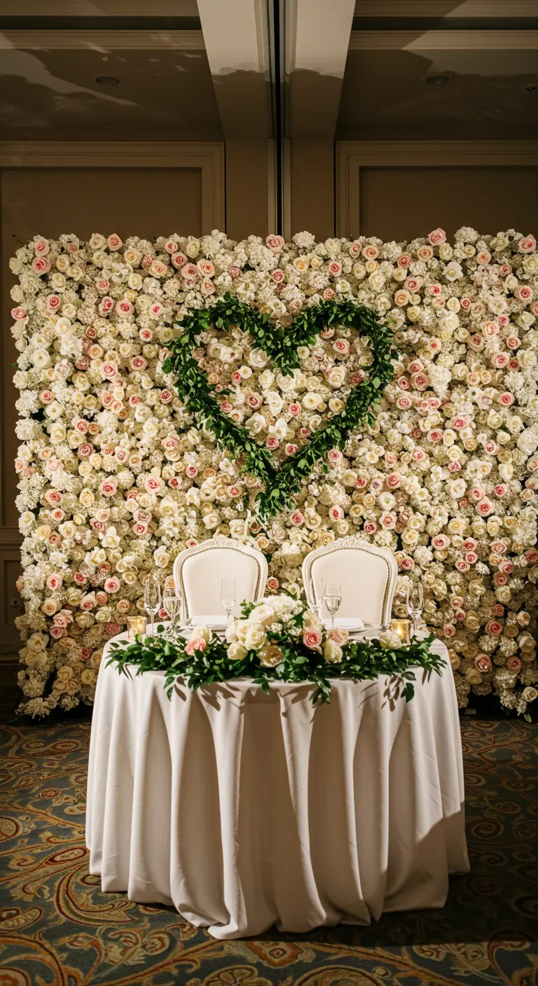 White and pink rose wall with a green ivy heart for a sweetheart table.