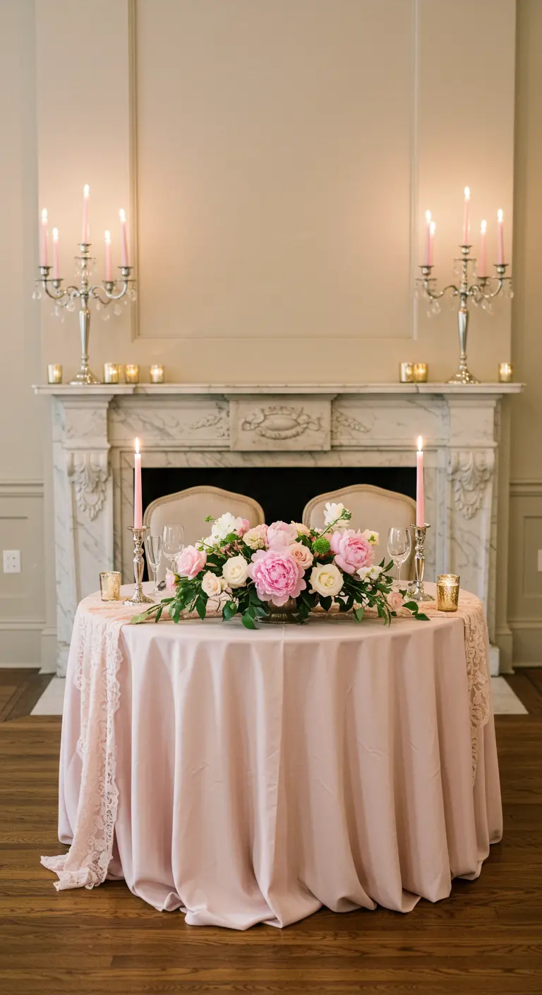 A romantic sweetheart table in front of a fireplace with pink candles and a lace tablecloth.