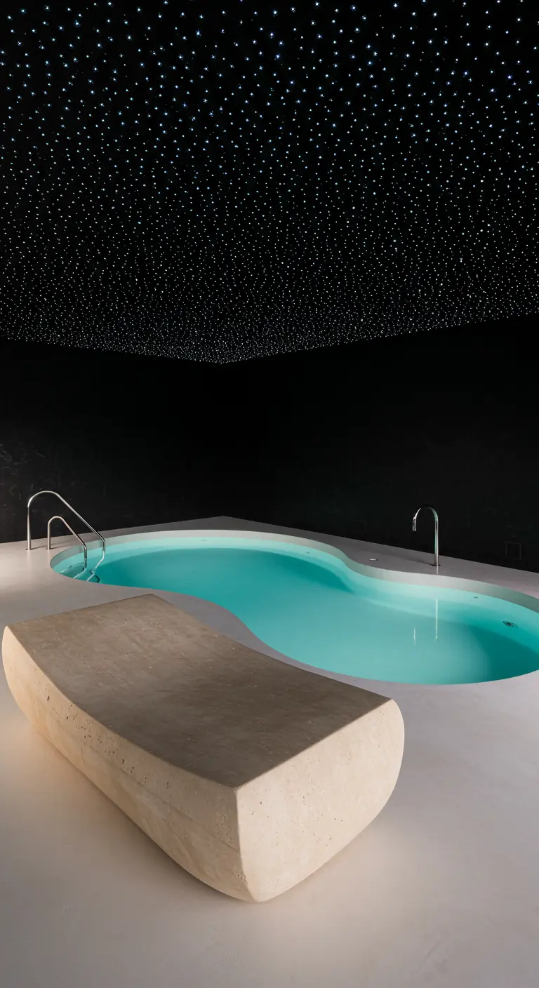 Indoor swimming pool in a dark room with a fiber-optic star ceiling creating a night sky effect.