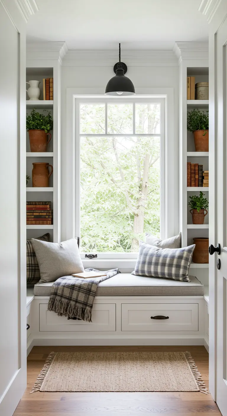 A bright white reading nook with symmetrical shelves, plaid pillows, and terracotta pots.