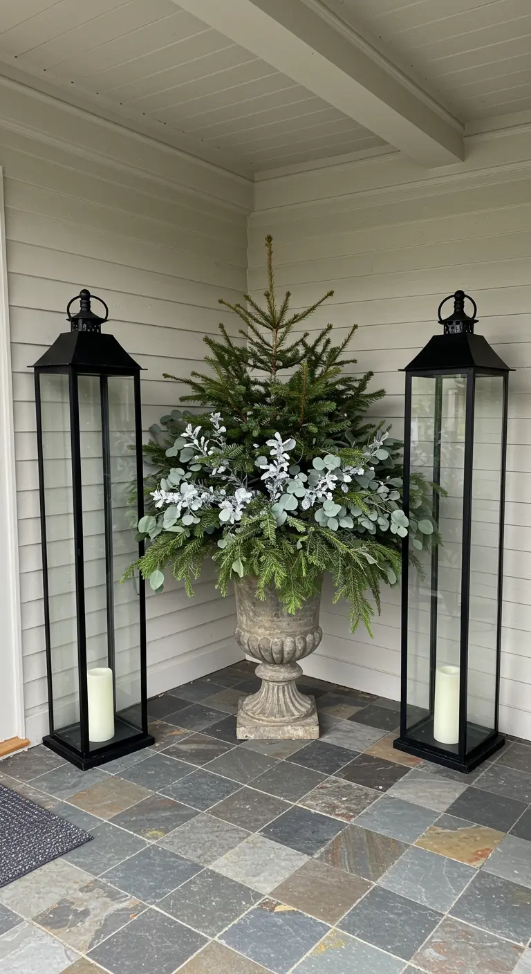 Two tall black lanterns flank a large stone urn with winter greenery.