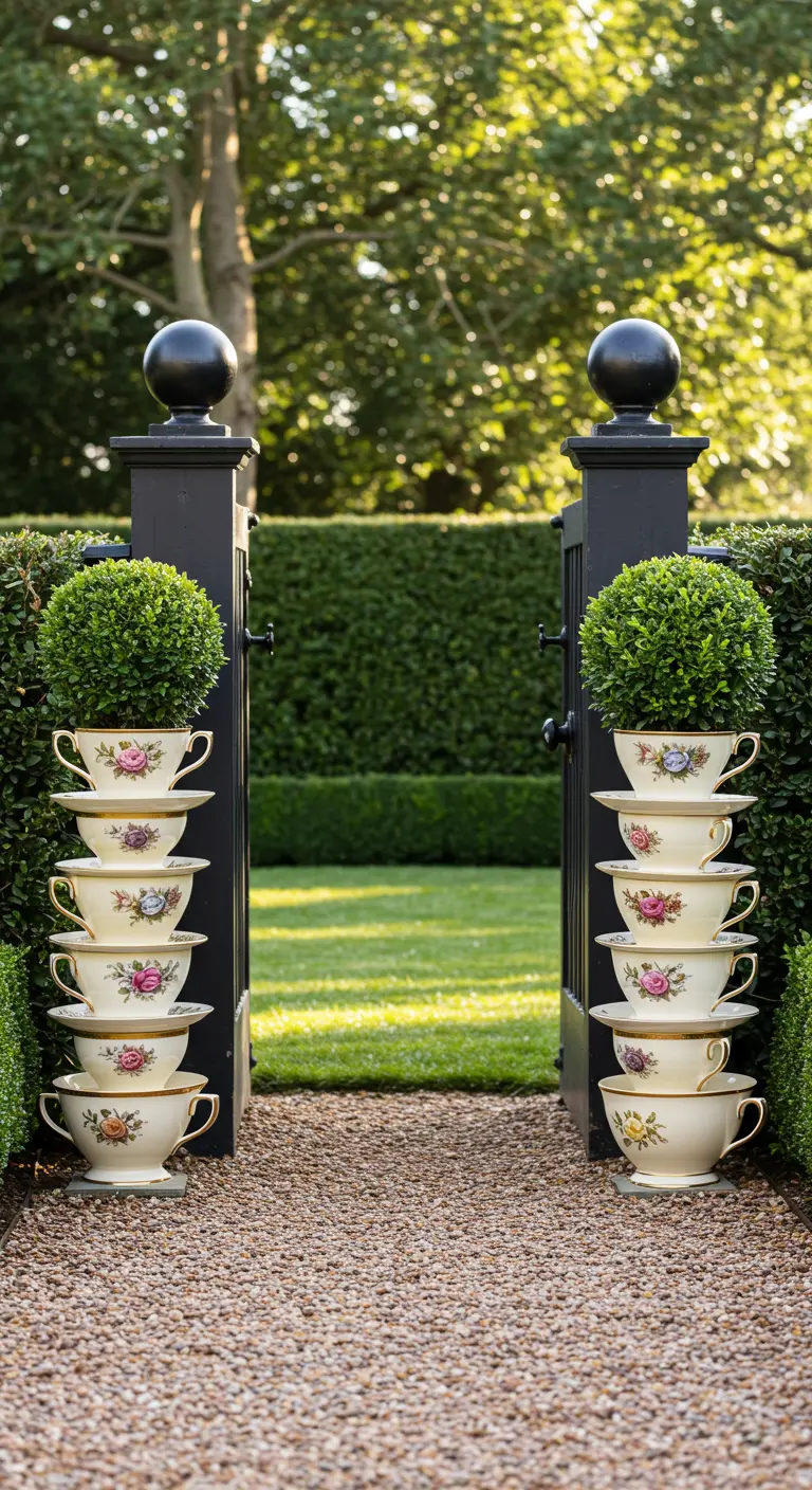 Two identical floral teacup towers with boxwood globes flanking a black garden gate.
