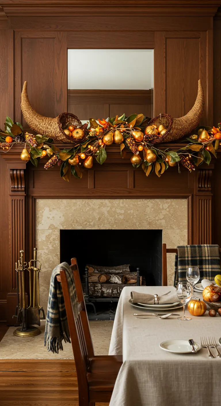 Wood mantel with two symmetrical cornucopias filled with fruit, leaves, and lights.