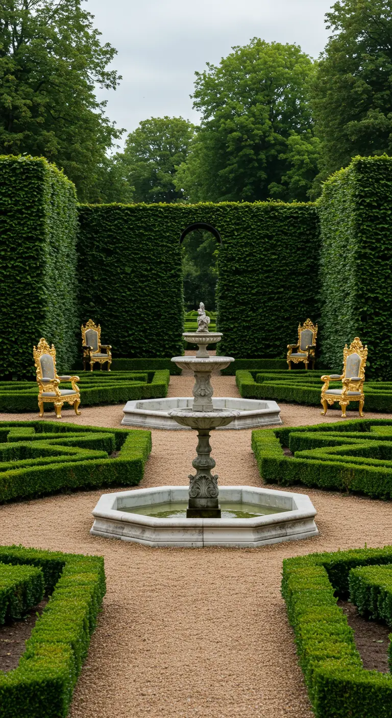 Gilded gold chairs are placed symmetrically in a formal hedge garden with tiered fountains.