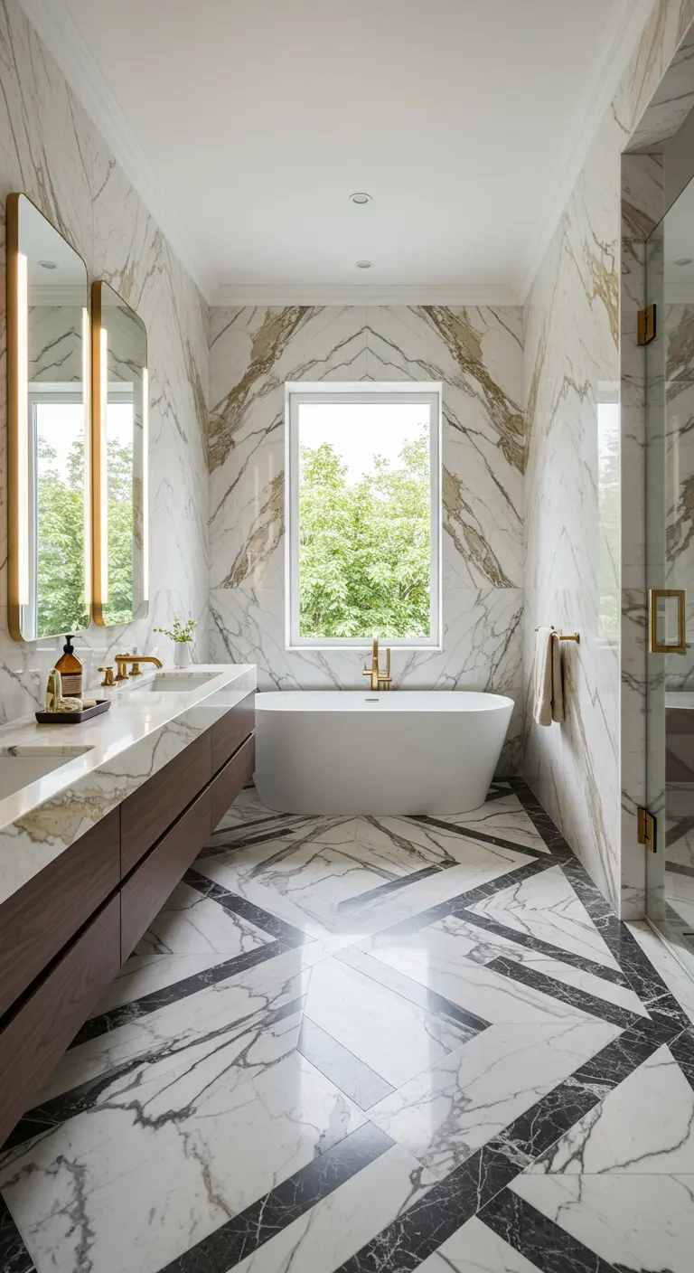 Bathroom with book-matched Calacatta marble walls and a bold geometric floor.
