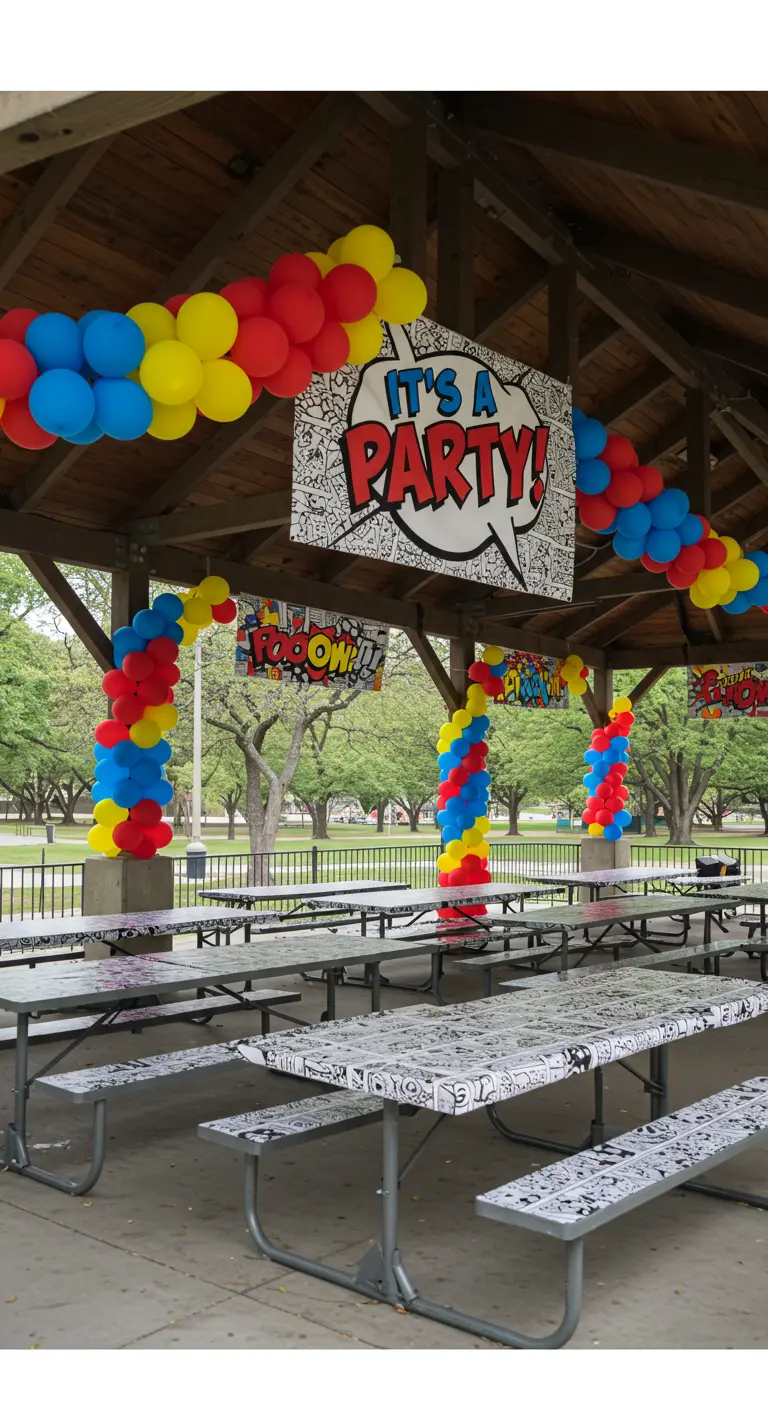 Outdoor picnic party with comic-themed decor and balloon garlands.