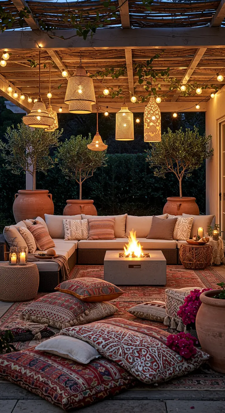 Bohemian outdoor patio at night with a fire pit, layered rugs, and hanging lights.