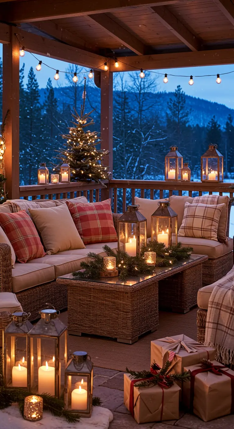 A cozy, snowy patio with a wicker sofa covered in plaid pillows and blankets, lit by lanterns.