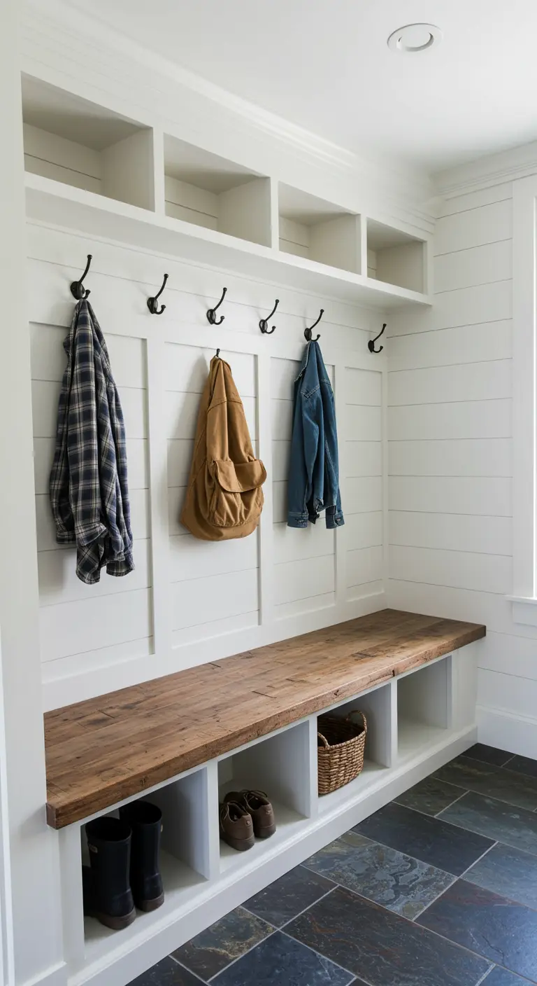 Mudroom with white built-in cubbies and hooks, a reclaimed wood bench, and slate floor tiles.