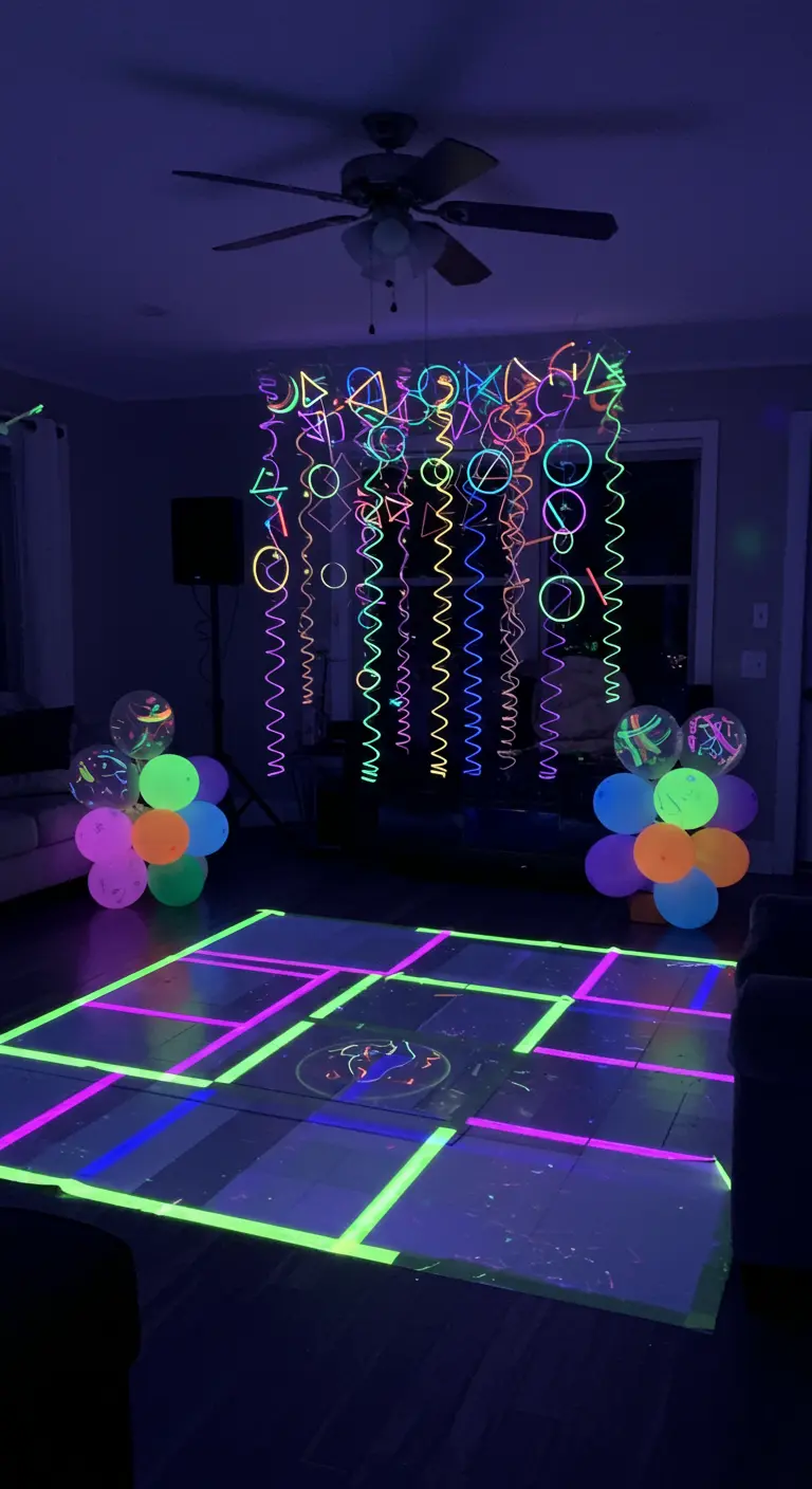 A dance floor made from a grid of neon tape, with glowing balloons and hanging spirals.
