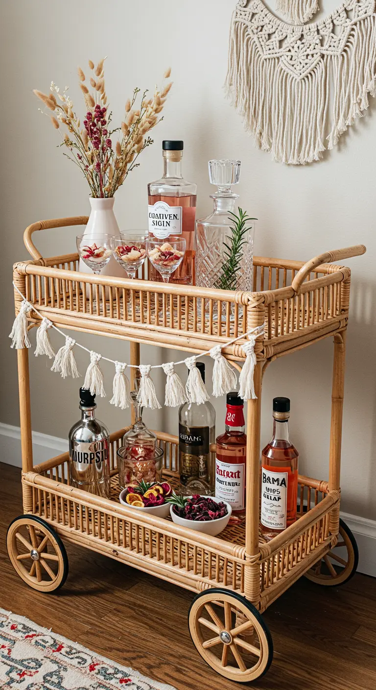A rattan bar cart styled with a tassel garland, dried flowers, and bottles of gin.