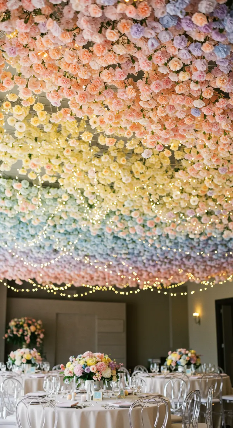 A ceiling completely covered in flowers arranged in a pastel rainbow pattern with lights.