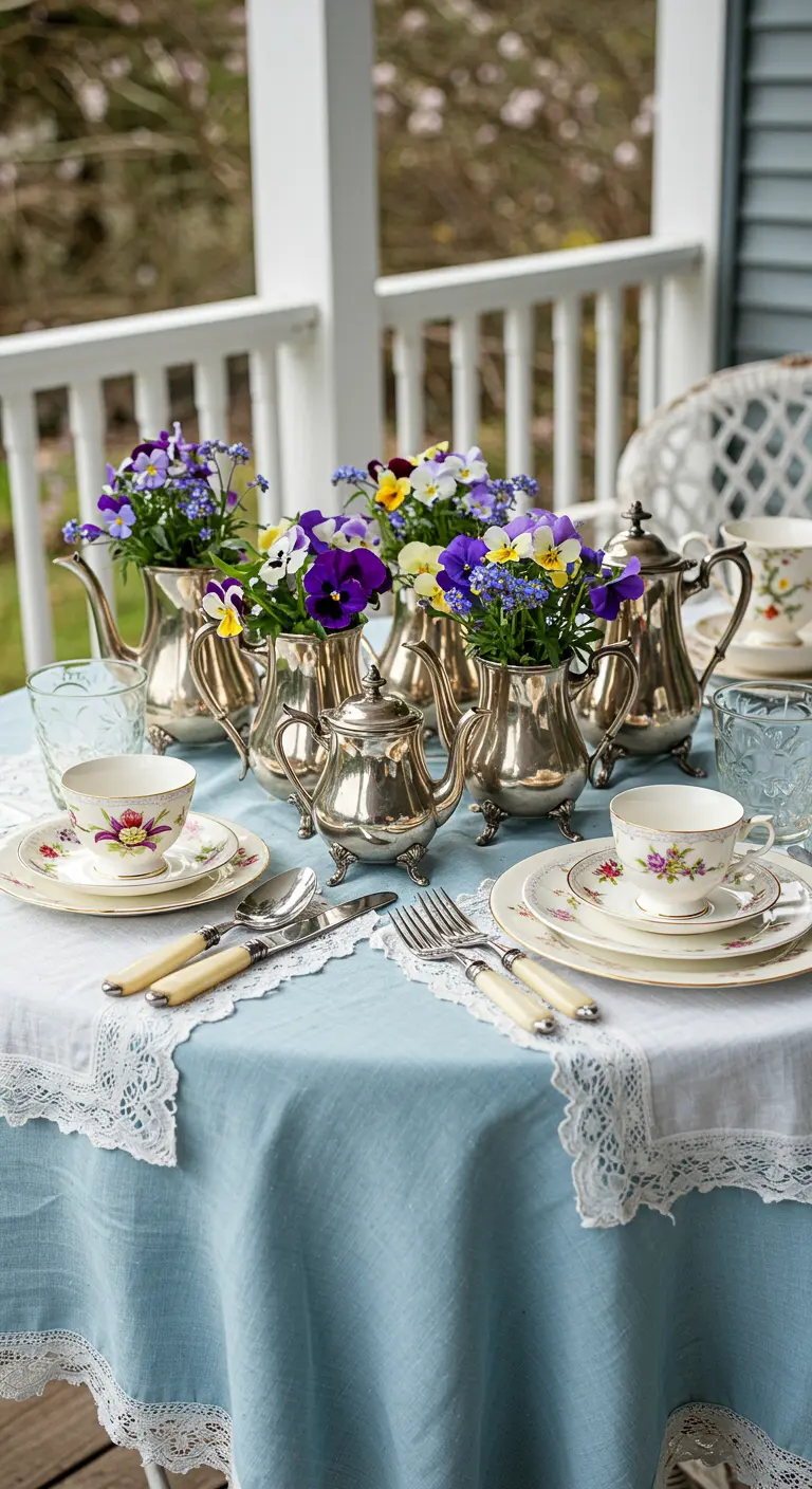 Porch table set for tea with silver teapots used as vases for colorful pansies.