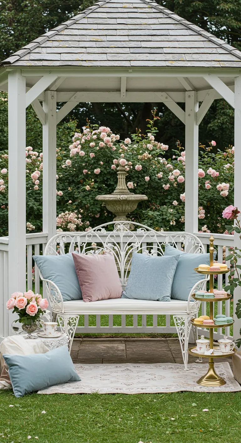 A white ornate bench in a gazebo with dusty blue and mauve velvet pillows and a gold tiered stand.
