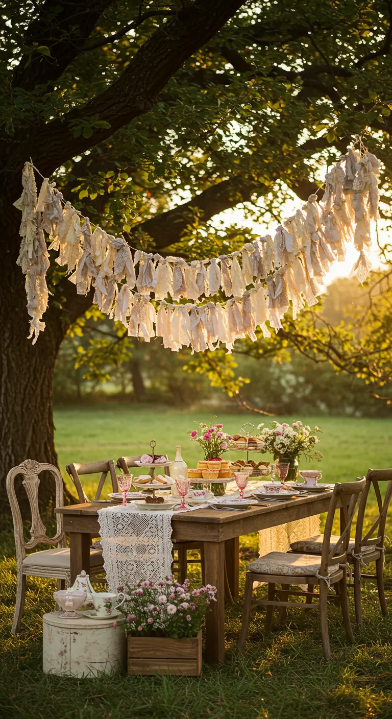 A rustic garland of torn, tea-stained fabric strips hanging from a tree over a party table.